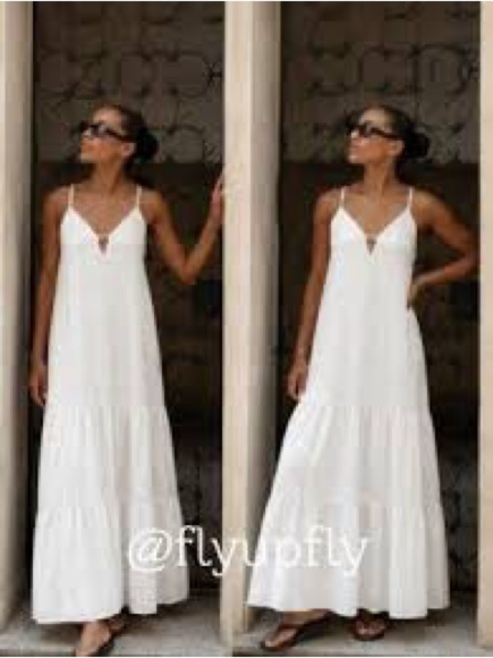 ZARA White Spaghetti-Strappy Tiered Maxi Dress V Neck Scoop Back Resortwear M